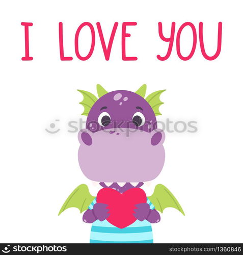 Cute violet dragon with heart and hand drawn lettering quote - I love you. Valentines day greeting card. Vector illustration isolated on white background for print, card and poster.