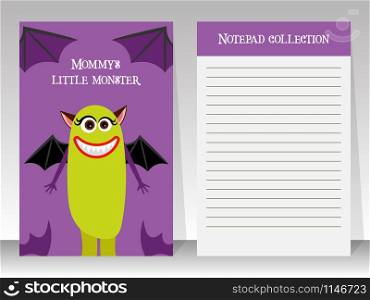Cute violet notebook template for kids funny monster, vector illustration. Violet notebook template with cute monster