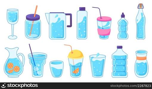 Cute water bottle doodles, reusable drink containers. Bottles, flasks, jugs with iced water or lemon, refreshing summer drink vector set. Illustration of water drink glass. Cute water bottle doodles, reusable drink containers. Bottles, flasks, jugs with iced water or lemon, refreshing summer drink vector set