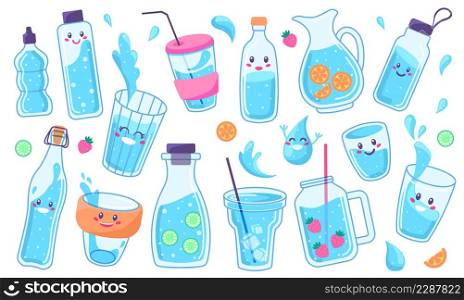 Cute water bottles and glasses, drink containers with funny faces. Healthy summer drinks with ice and lemon, reusable glass bottle vector set. Illustration of container water drink. Cute water bottles and glasses, drink containers with funny faces. Healthy summer drinks with ice and lemon, reusable glass bottle vector set