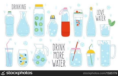 Cute water doodle. Bottle, glass, thermos and decanter of water, water drop, ice cubes and splash, hand drawn trendy vector illustration icon set. Plastic container, jar with liquid. Cute water doodle. Bottle, glass, thermos and decanter of water, water drop, ice cubes and splash, hand drawn trendy vector illustration icon set