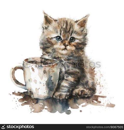 Cute watercolor kitten with coffee cup Funny cat illustration, cartoon vector drawing.