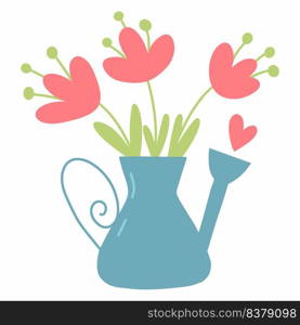 Cute watering can with flowers. Vector doodle illustration. Postcard decor element.