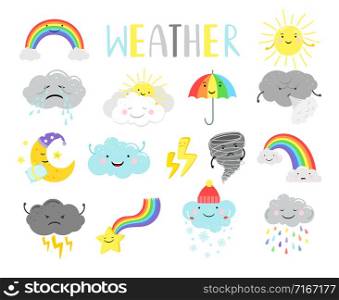 Cute weather. Cartoon weathers illustration items for kids, sunny clouds and happy sun face, moon and tornado isolated on white, vector illustration. Cartoon weathers items for kids