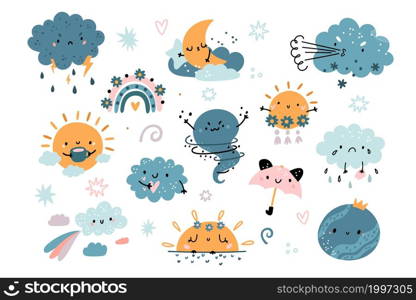 Cute weather elements. Funny kids meteorology icons. Rainy cloud characters. Baby style atmospheric phenomena. Isolated sun and moon with faces. Tornado and rainbow. Vector climate and sky mascots set. Cute weather elements. Funny meteorology icons. Rainy cloud characters. Baby style atmospheric phenomena. Sun and moon with faces. Tornado and rainbow. Vector climate and sky mascots set