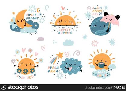 Cute weather emblems. Baby style sky elements, kids labels with inscriptions, weather characters with faces, rainy cloud, funny sun and moon smiling, cartoon stickers, vector isolated on white set. Cute weather emblems. Baby style sky elements, kids labels with inscriptions, weather characters with faces, rainy cloud, funny sun and moon smiling, cartoon stickers, vector isolated set