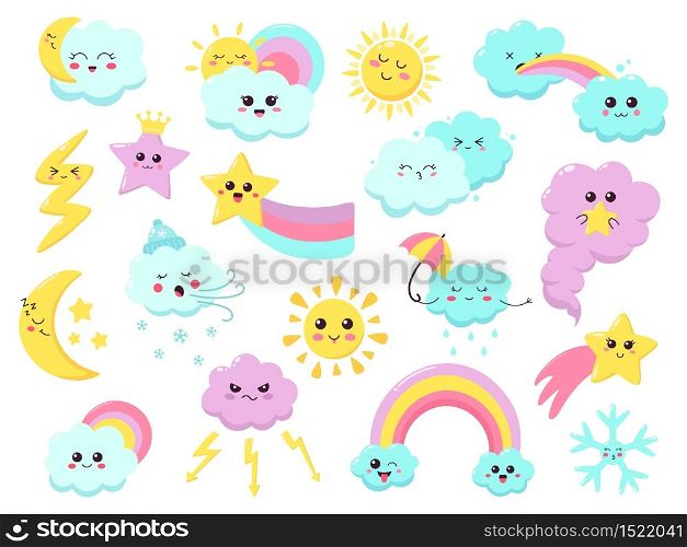Cute weather emoticons. Funny weather character, hand drawn stars, wind, rainbow and flash, smiling weather signs vector illustration icons set. Colored kawaii, children meteorology lightning rainbow. Cute weather emoticons. Funny weather character, hand drawn stars, wind, rainbow and flash, smiling weather signs vector illustration icons set