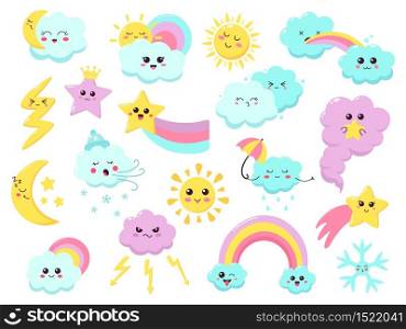 Cute weather emoticons. Funny weather character, hand drawn stars, wind, rainbow and flash, smiling weather signs vector illustration icons set. Colored kawaii, children meteorology lightning rainbow. Cute weather emoticons. Funny weather character, hand drawn stars, wind, rainbow and flash, smiling weather signs vector illustration icons set