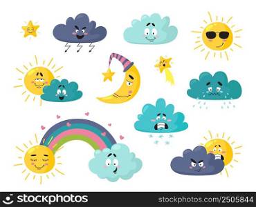 Cute weather. Rain angry cloud, joy sun. Isolated sunshine, weather forecast icons. Childish cartoon funny characters, moon and star classy vector set. Illustration of weather graphic face sad. Cute weather. Rain angry cloud, joy sun. Isolated sunshine, weather forecast icons. Childish cartoon funny characters, moon and star classy vector set