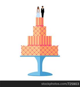 Cute Wedding cakes with floral decoration isolated on a white background. Wedding pie with bows and toppers bride and groom Vector illustration. Cute Wedding cakes with floral decoration isolated on a white background.