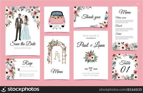 Cute wedding cards. Romantic party invitations, happy newlyweds holiday, couple in love, event banners with bride and groom, party menu template, couple in love tidy vector cartoon flat isolated set. Cute wedding cards. Romantic party invitations, happy newlyweds holiday, couple in love, event banners with bride and groom, party menu template, couple in love tidy vector cartoon flat set