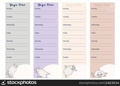 Cute weekly planner templates. Design with Weekly sports schedule with cute funny sheep doing yoga asanas and meditating. Yoga time - Planner, organizer and training schedule. Vector. Isolated