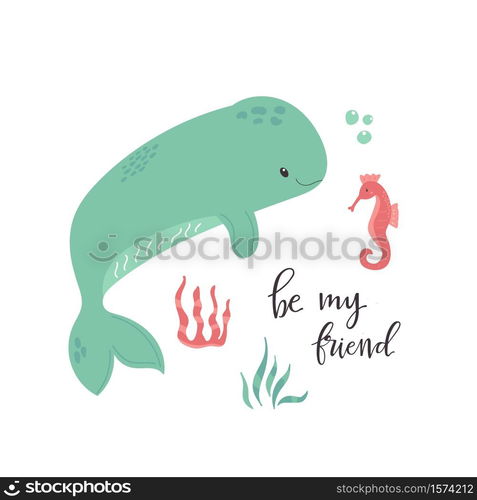 Cute whale and seahorse poster. Nursery art print. Vector illustration. Cute whale and seahorse poster. Nursery art print