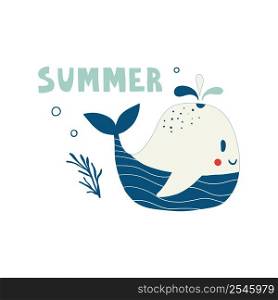 Cute whale, baby character and the inscription summer. Summer colorful card with happy childish nautical animal. Nursery kids flat vector illustration of fairytale underwater wildlife.. Cute whale, baby character and the inscription summer. Summer colorful card with happy childish nautical animal. Nursery kids flat vector illustration of fairytale underwater wildlife