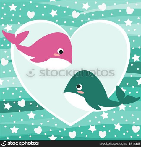 Cute whale in love background. Lovely animal in Valentine concept.
