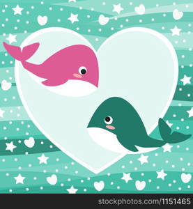 Cute whale in love background. Lovely animal in Valentine concept.