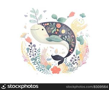 Cute whale with floral elements around. Vector illustration desing.