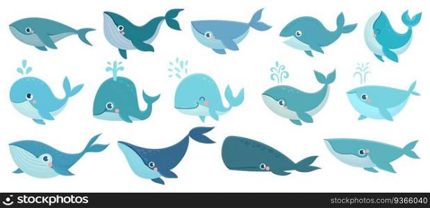 Cute whales. Marine life animals, underwater blue whales, childrens icons for stickers, baby shower, books. Simple cartoon vector set. Aquatic creatures, narwhal splashing water through blowhole. Cute whales. Marine life animals, underwater blue whales, childrens icons for stickers, baby shower, books. Simple cartoon vector set