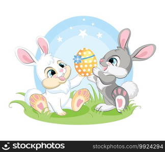 Cute white and gray bunnies admiring the Easter egg. Colorful illustration isolated on white background. Cartoon character rabbit easter concept for print, t-shirt, design, sticker and decorating. Cute easter bunnies sitting on spring grass