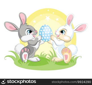 Cute white and gray bunnies looking at the Easter egg. Colorful illustration isolated on white background. Cartoon character rabbit easter concept for print, t-shirt, design, sticker and decorating. Cute easter bunnies looking at the Easter egg