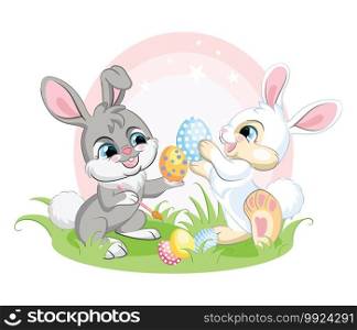 Cute white and gray bunnies paints Easter eggs. Colorful illustration isolated on white background. Cartoon character rabbit easter concept for print, t-shirt, design, sticker and decorating. Two easter bunnies characters with eggs vector