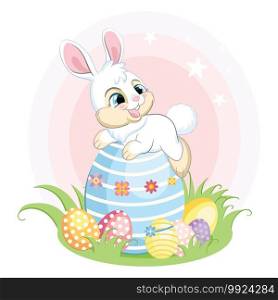 Cute white bunny character lying on a big easter egg. Colorful illustration isolated on white background. Cartoon character rabbit easter concept for print, t-shirt, design, sticker and decorating. White bunny character lying on a big easter egg
