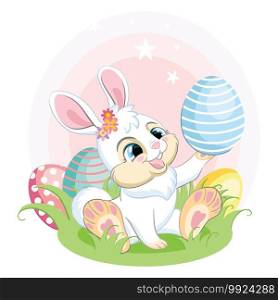 Cute white bunny looking at the Easter egg. Colorful illustration isolated on white background. Cartoon character rabbit easter concept for print, t-shirt, design, sticker and decorating. White easter bunny looking at the Easter egg