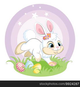 Cute white bunny running on spring grass with Easter eggs. Colorful illustration isolated on white background. Cartoon character rabbit easter concept for print, t-shirt, design, sticker and decorating. White easter bunny character with eggs vector