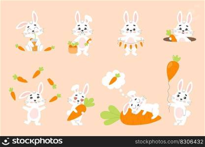 Cute white bunny with carrot set. Little rabbit character. Cartoon vector illustration 
