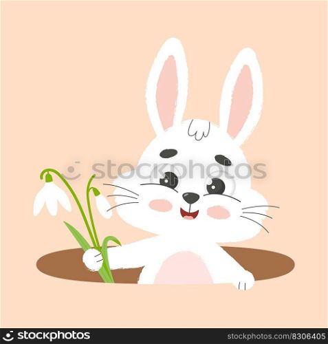 Cute white bunny with snowdrop in hole. Cartoon vector illustration. 