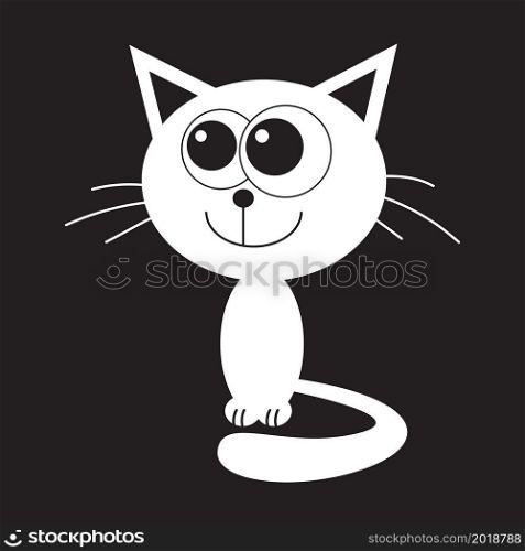 Cute white cat cartoon isolated icon on black background. Vector illustration.
