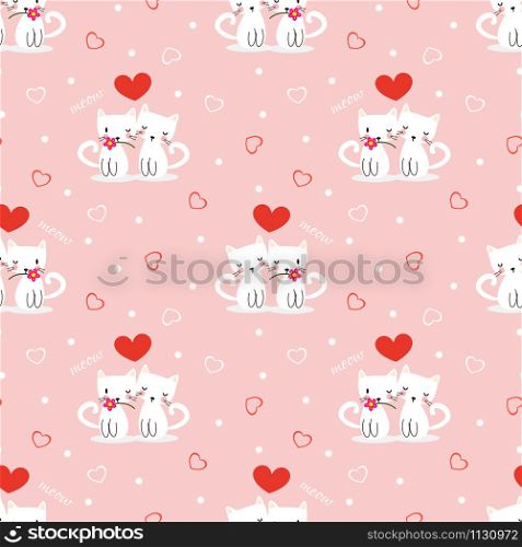 Cute white cat in love symbol seamless pattern. Lovely animal in Valentine concept.