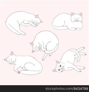 Cute white cat lies in different positions. Set of cat positions. Cat posing. Cats. Sketch. Vector art.
