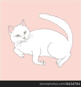Cute white cat posing on pastel pink background. Hand drawn cat. Sketch. Vector art