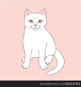 Cute white cat posing on pastel pink background. Sitting animal. Hand drawn cat. Sketch. Vector art