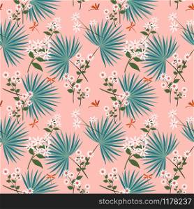 Cute white flowers with tropical leaves on pastel seamless pattern,design for fashion,fabric,textile,print or wallwaper,vector illustration