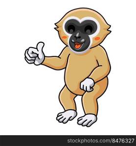 Cute white handed gibbon monkey cartoon giving thumb up