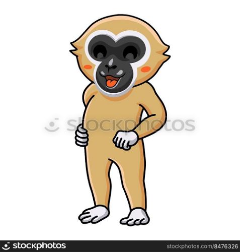 Cute white handed gibbon monkey cartoon standing