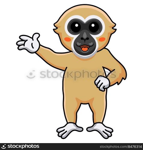 Cute white handed gibbon monkey cartoon waving hand