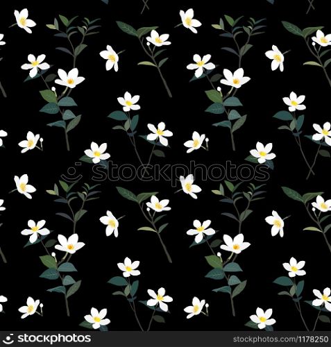 Cute white little flower and leaves on dark summer night seamless pattern,for fashion,fabric,textile,print or wallpaper,vector illustration