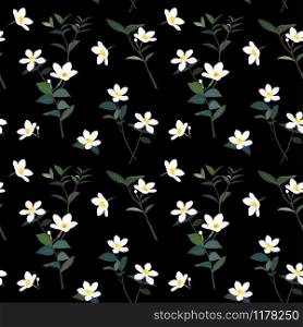 Cute white little flower and leaves on dark summer night seamless pattern,for fashion,fabric,textile,print or wallpaper,vector illustration