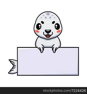 Cute white little seal cartoon with blank sign