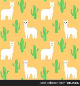 Cute white llama with cacti seamless pattern vector illustration. Background with an animal for children. Template for wallpaper, fabric, textile, decor and design.. Cute white llama with cacti seamless pattern vector illustration.