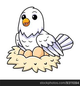 Cute white love bird cartoon with eggs in the nest