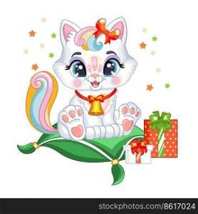 Cute white magic kitten on a pillow with christmas gifts. Cartoon character. Vector isolated illustration. For print, design, posters, cards, stickers, decor, kids apparel, baby shower and invitation. Christmas cute magic kitten with gifts vector illustration