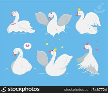 Cute white princess swan set. Cartoon vector illustration of fairytale goose or beautiful swan, elegant bird in gold crown or spring flower wreath floating in blue lake. Wedding, romantic concept. Cute white princess swan set