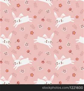 Cute white rabbit and flower seamless pattern.