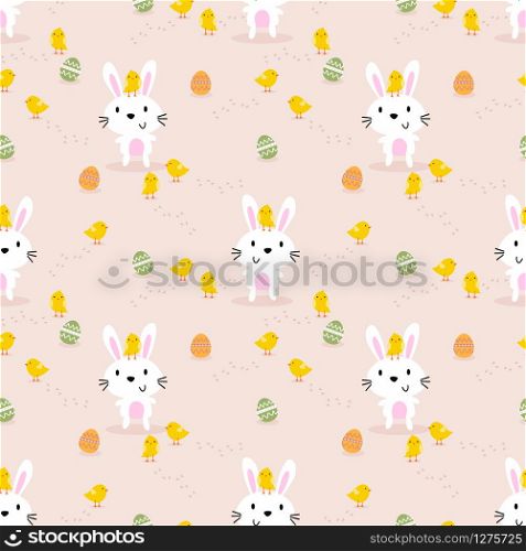 Cute white rabbit, little chick and easter eggs seamless pattern. Lovely bunny on easter background.