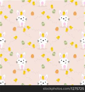 Cute white rabbit, little chick and easter eggs seamless pattern. Lovely bunny on easter background.