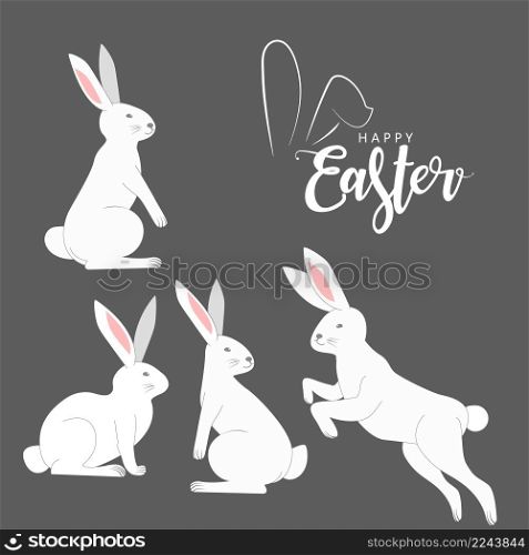 Cute white rabbit set vector illustration. Easter cartoon bunny isolated on Gray background. with Happy Easter text. of the Easter holiday concept. Promotion and shopping for Easter.